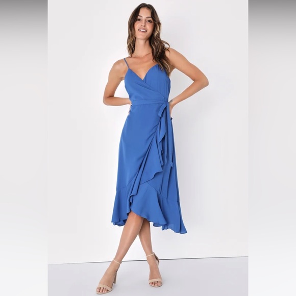 Lulus Dresses & Skirts - Manhattan Moment Blue Ruffled Midi Wrap Dress